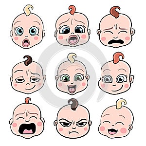 Baby avatars. Child emotions. Set of toddler facial expressions. Cartoon style characters