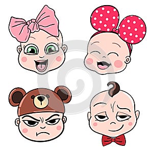 Baby avatars. Child emotions. Set of toddler facial expressions. Cartoon style characters with big bow and hat