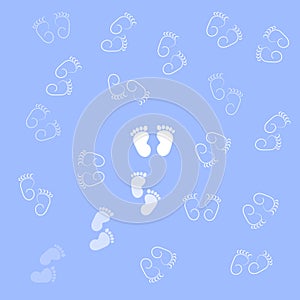 Baby background in vector: white footprints on a blue background for product design for kids