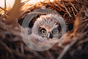 baby barn owl in the nest, close up, sunset, ai generated