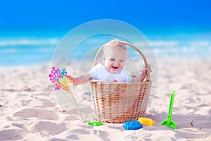 Baby in a basket on the beach