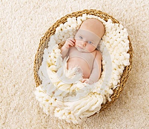 Baby in Basket, New Born Kid Lying Blanket, One Month Newborn