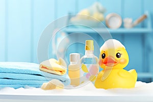 Baby bath accessories, bottles of shampoo with duck toy and towels Generative AI