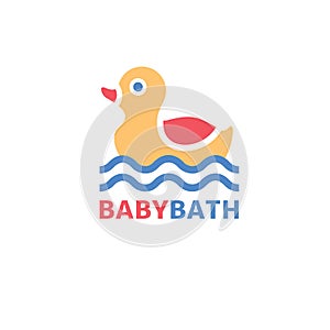 Baby bath logo. Yellow rubber duck on blue linear waves. Vector symbol of baby shower isolated on white. Colorful sign in cartoon