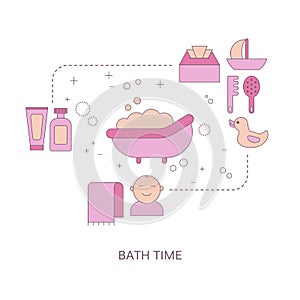 Baby bath time concept with baby care icons