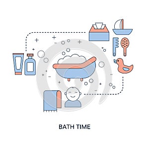 Baby bath time concept with baby care icons