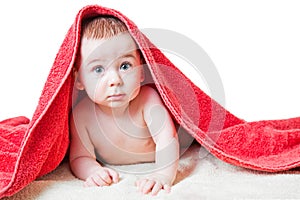 Baby After Bath Under Red Towel on Tummy