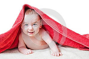 Baby After Bath Under Red Towel on Tummy Smiling