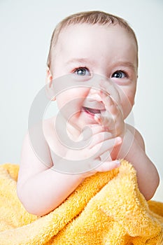 Baby After Bath Wrapped in Yellow Towel Smilin