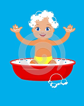 Baby bathing in a basin.