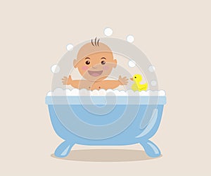 Baby bathing in the bath with foam