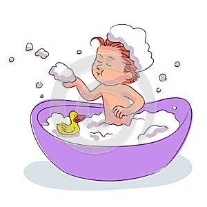 Baby bathing with foam bubbles and duck in bathtub