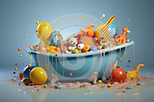 baby bathtub with splashes of water and floating toys