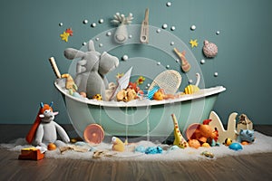 baby bathtub with splashes of water and floating toys