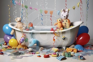 baby bathtub with splashes of water and floating toys