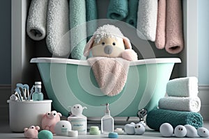 baby bathtub surrounded by towels and toiletries in modern bathroom