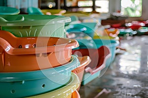 baby bathtubs stacked for a community center photo