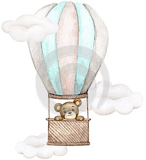 Baby bear cub flies in a hot air balloon against the background of clouds. Hand-drawn watercolor.