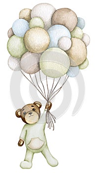 Baby bear flying on a bunch of helium balloons. Hand-drawn watercolor. Birthday, baby shower, children\'s party.