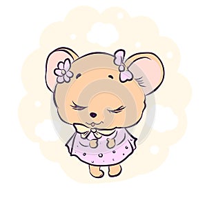 Baby bear girl in a pink dress, cute and sleeping teddy with fluffy paws and nice smile for kid posters, wall interior art,