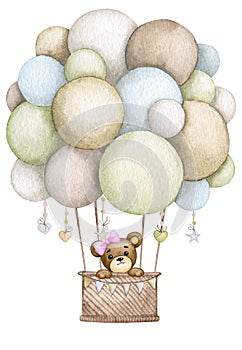 Baby bear in a hot air balloon. Girl. Children\'s watercolor illustration. Birthday, baby shower