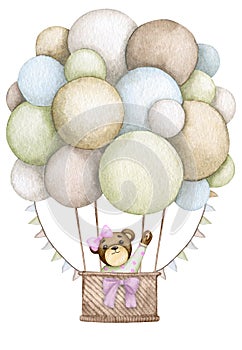 Baby bear in a hot air balloon. Girl. Children\'s watercolor illustration. Birthday, baby shower, children\'s party
