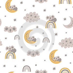 Baby bear pattern. Sweet dream. Sleeping koala bear on the moon, rainbows, clouds, stars. Scandinavian kids texture