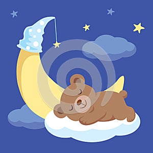 Baby Bear Sleeping On The Cloud Beside With Moon
