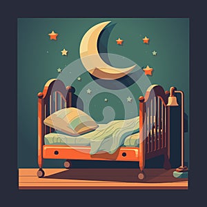 Baby bed, cradle vector illustration. Comfortable wooden crib cot. Childcare accessory