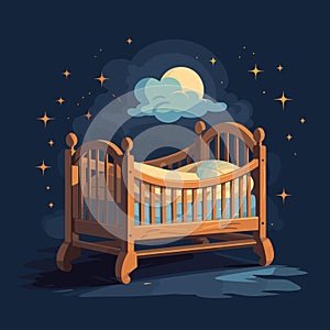 Baby bed, cradle vector illustration. Comfortable wooden crib cot. Childcare accessory