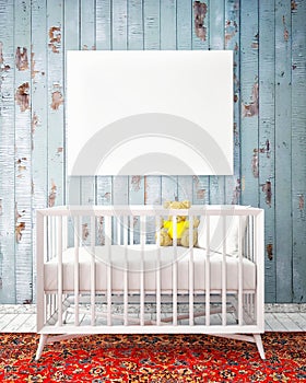 Baby bed with mock up poster, hipster design,