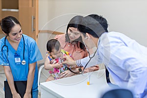 Baby being checked by a doctor using a stethoscope. Pediatrician doctor prepare for examines baby with stethoscope checking heart