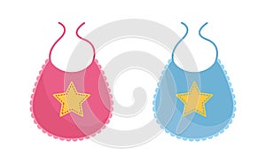 Baby bib vector illustration set - pink and blue newborn wearing decorated with yellow star.