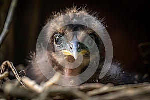 baby bird peeking out of nest, with its beady eyes and fluffy feathers