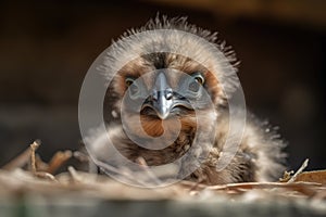 baby bird peeking out of nest, with its beady eyes and fluffy feathers