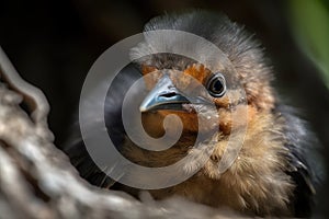 baby bird peeking out of nest, with its beady eyes and fluffy feathers