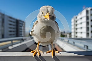 a baby bird stands on the edge of a balcony