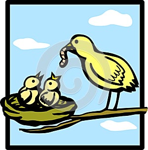 baby birds feeded by mother vector illustration