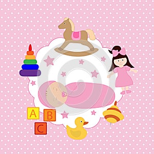 Baby birth card vector flat illustration. Cute newborn kids girl.
