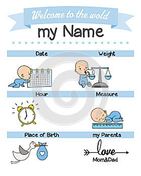 Baby birth print. Baby data template at birth.