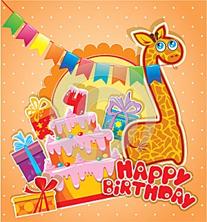 Baby birthday card with girafe, big cake and gift boxes.