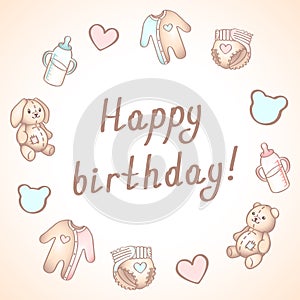 Baby birthday card, shower card, poster, template. Cute vector illustrations. Set of baby toys, feeding and care.