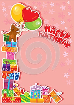 Baby birthday card with teddy bear and gift boxes