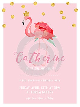 Baby Birthday Invitation Card with Illustration of Beautiful Flamingo and Golden Glitter Dots, arrival announcement