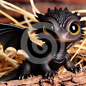 Baby Black Dragon, with big yellow eyes, standing in a nesting area