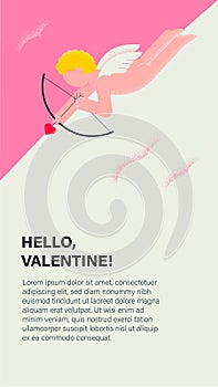 Baby blonde cupid with wings and archery heart. Flat illustration for valentines day web app, site, banner