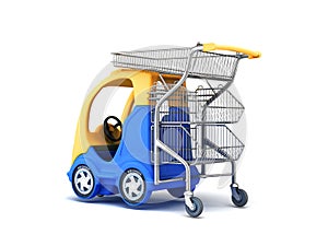 Baby blue car with a shopping basket in the back back view 3d render on white