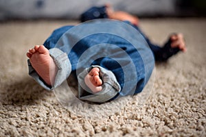 Baby in Blue Jeans Lying on the Carpet