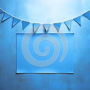 Baby Blue wall with blank blue banner and flags