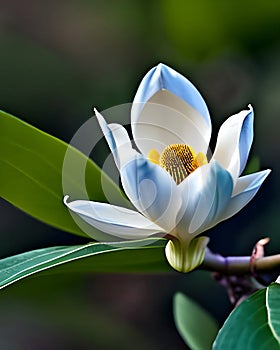 Baby-blue and white Magnolia (Magnoliaceae family) with yellow stamen. Generative-AI
